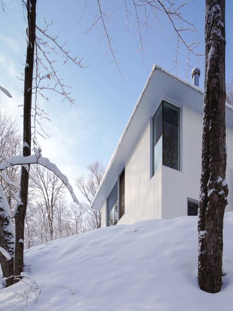 The house is clad with white wood and there are windows dotting the whole facade to let more light in