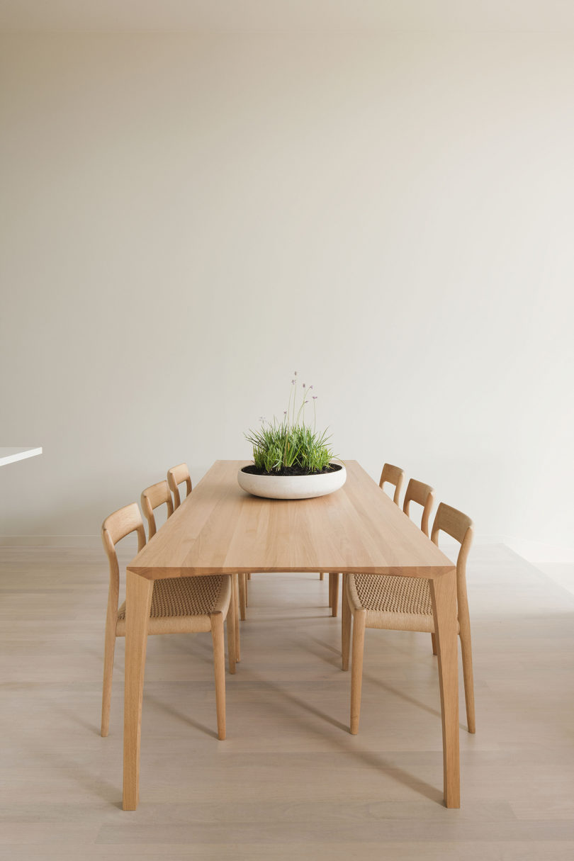 It features only a chic wooden dining set and a potted grass centerpiece