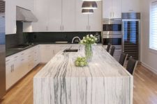 16 a monochromatic kitchen with a gorgeous kitchen island that features a white marble countertop and makes a statement