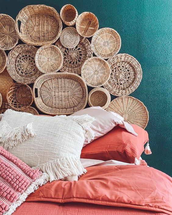 A stack of decorative baskets attached to the wall will make your bedroom feel more rustic and more natural