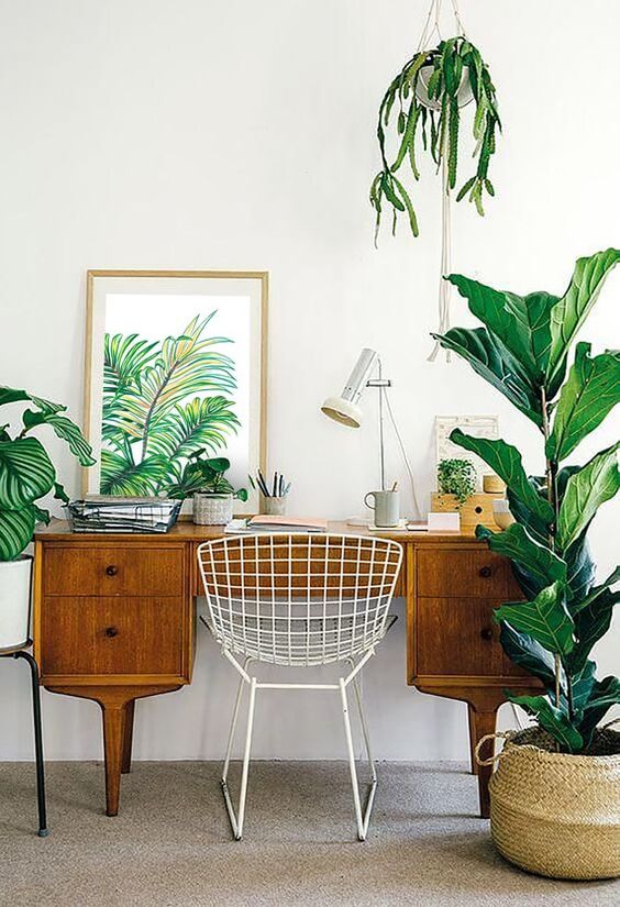 A mid century modern home office in neutrals, with a vintage wooden desj, potted plants and a tropical artwork