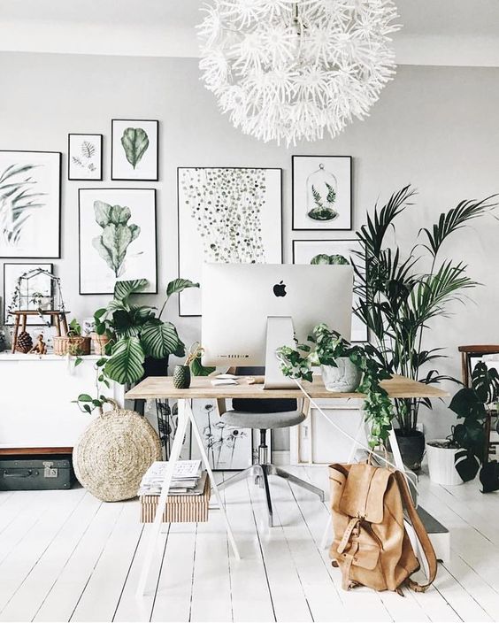 a neutral tropical home office with a large gallery wall, a white floral chandelier, lots of plants, a trestle desk and baskets