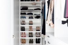 a small and narrow closet with shoe and bag shelves, open storage compartments with hangers and some drawers is a cool solution