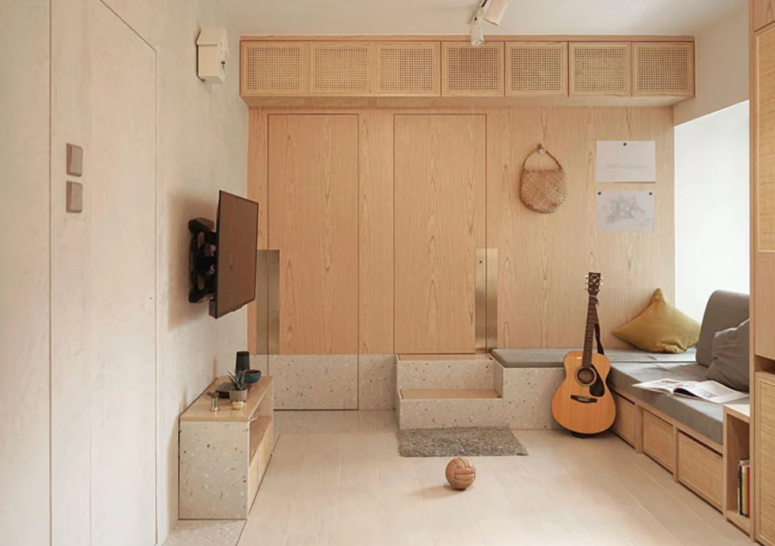 Small Yet Cozy Apartment Of Wood, Rattan And Terrazzo
