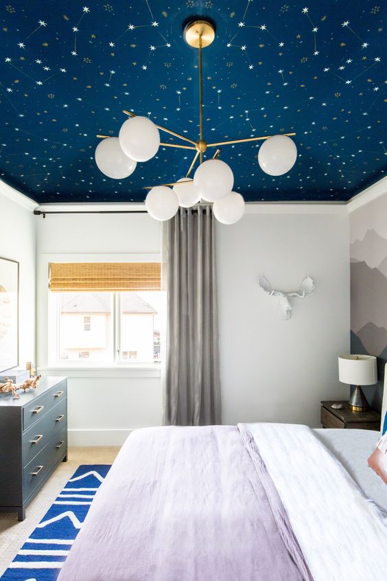 a blue and white celetial ceiling is a bold idea for every bedroom to make your sleeping more relaxing