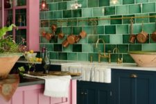 12 a bright kitchen with navy and pink cabinets and a bright pink kitchen island plus a wooden stool