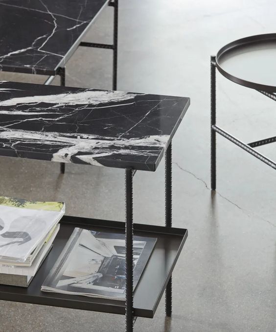a chic black marble side table or bench is a gorgeous piece for adding elegance to the space