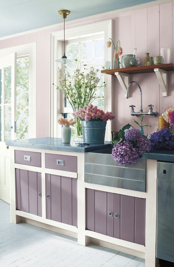 a farmhouse purple and blush kitchen with white touches to refresh it looks very romantic and very inviting