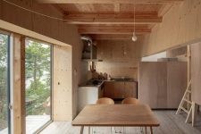 02 The kitchen and dining space are united into one, with simple wood and plywood furniture, pendant bulbs and a glazed wall with an entrance to the backyard