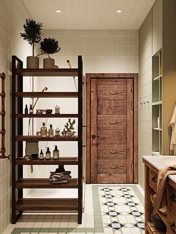 a comfortable stained wood shelving unit that divides this bathroom into zones is a very practical thing