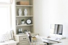a farmhouse home office with an L-shaped desk, some kitchen cabinetry for storage and sitting, lovely decor and a cool pendant lamp