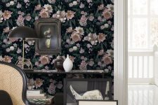 02 a dark floral realistic accent wall and dark refined furniture for a chic and charming space with a vintage feel