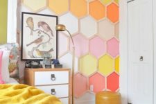 09 a bold bedroom done with a colorful honeycomb accent wall is a bright and cool idea to rock, it will add both color and pattern