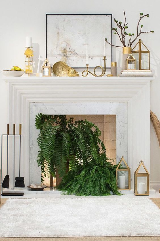 A non working fireplace with potted ferns, candle lanterns, lights and gold candle lanterns and decor on the mantel