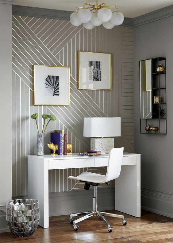 linear wallpaper accentuates this home tiny modern and very refined home office nook and makes it more chic