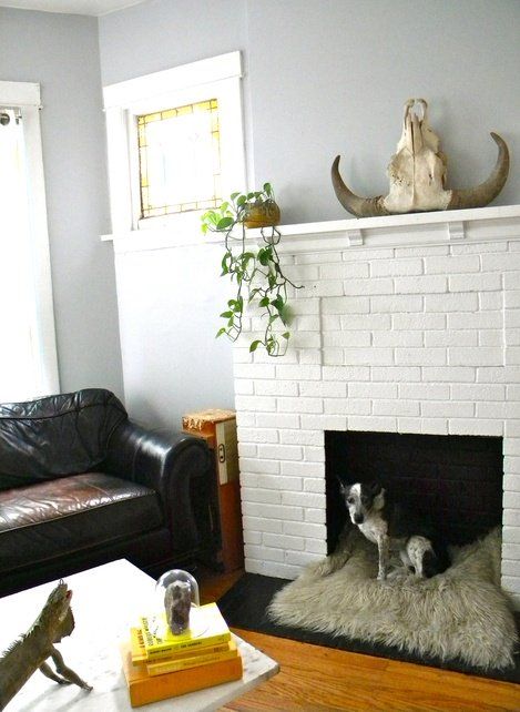 A white faux brick fireplace with a cozy fuzzy dog bed inside it is a great way to use a non working fireplace