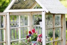 a small greenhouse made of old window frames, with bright planters and greenery and flowers is a cool DIY