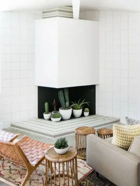 a corner fireplace with potted cacti and planters is a lovely solution for a mid-century modern space