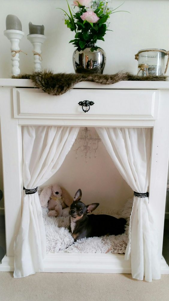A non working fireplace with a cozy pet bed, a toy and a chandelier plus curtains, for a little princess or prince