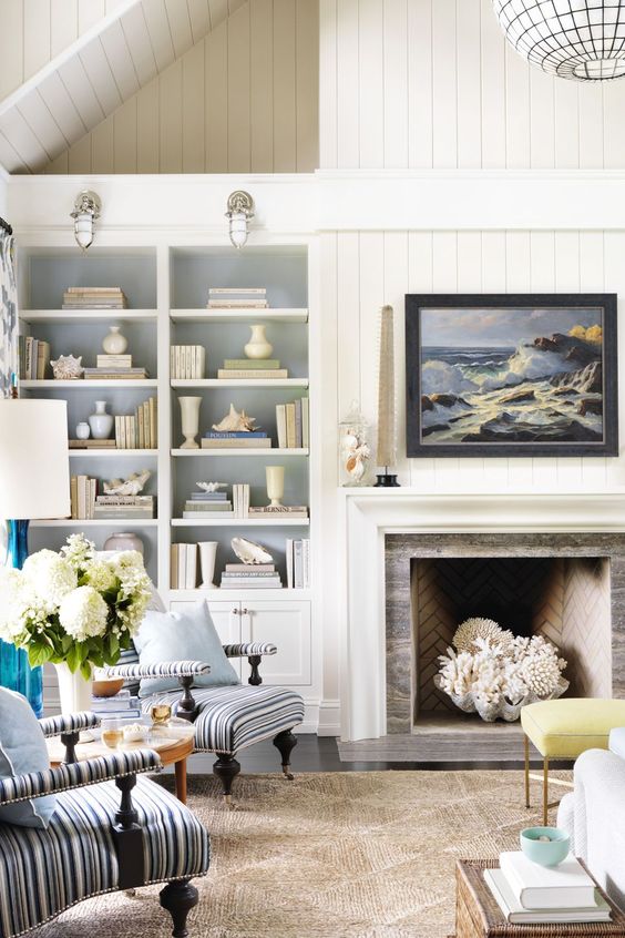 A non working fireplace with corals inside is a perfect solution for a seaside or coastal home