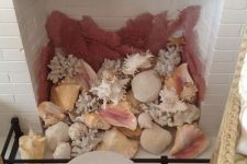 a white brick fireplace filled with lots of various seashells and corals is a great idea for any coastal or seaside home