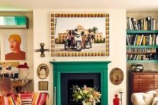 an eclectic living room with a fireplace with an emerald mantel, some sofas, a printed rug, open shelves and a dresser
