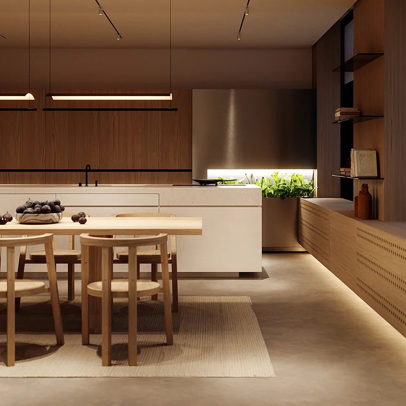 The kitchen shows off sleek cabinetry and a white kitchen island plus elegant lightting