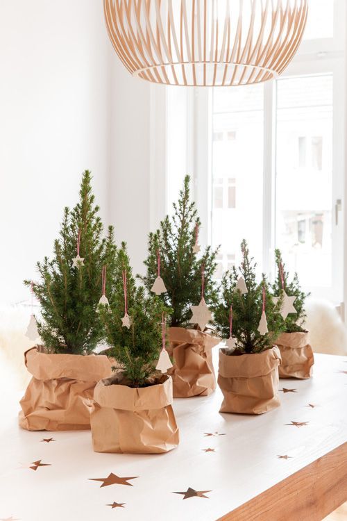 an arrangement of mini tabletop Christmas trees in paper sacks and with white clay ornaments are beautiful and simple