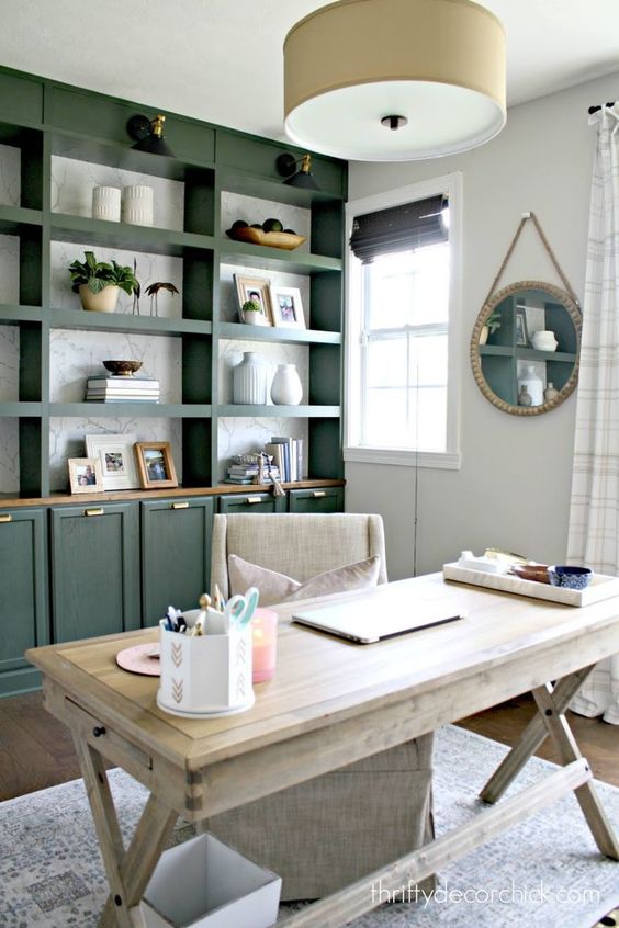 a green storage unit with open and closed compartments is a very stylish and chic idea to rock