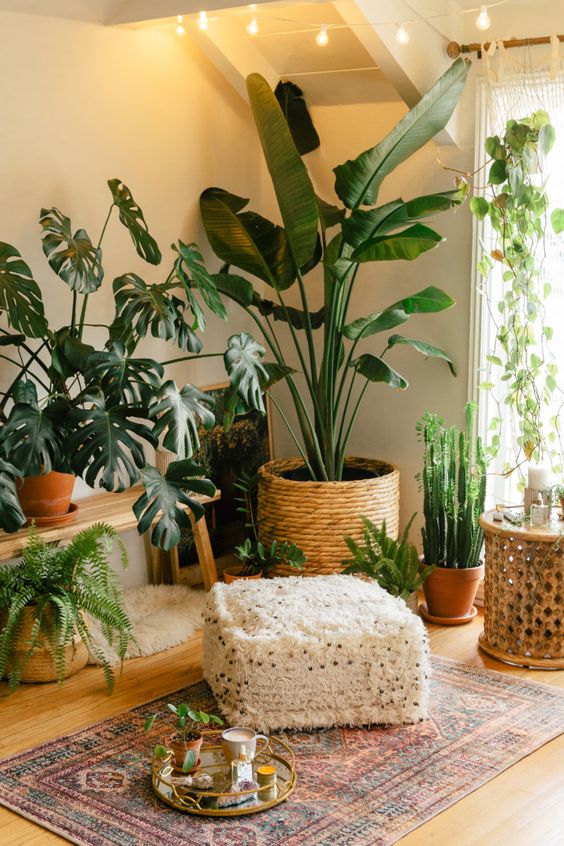 12 a stylish boho chic nook with potted plants and greenery, with cacti and boho rugs plus candles and an ottoman