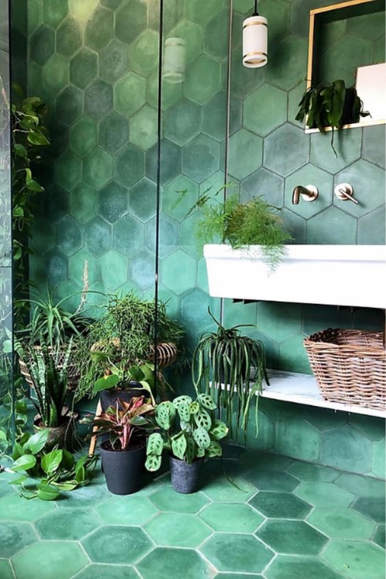 21 a catchy green hex tile bathroom with lots of potted greenery will be very relaxing and calming