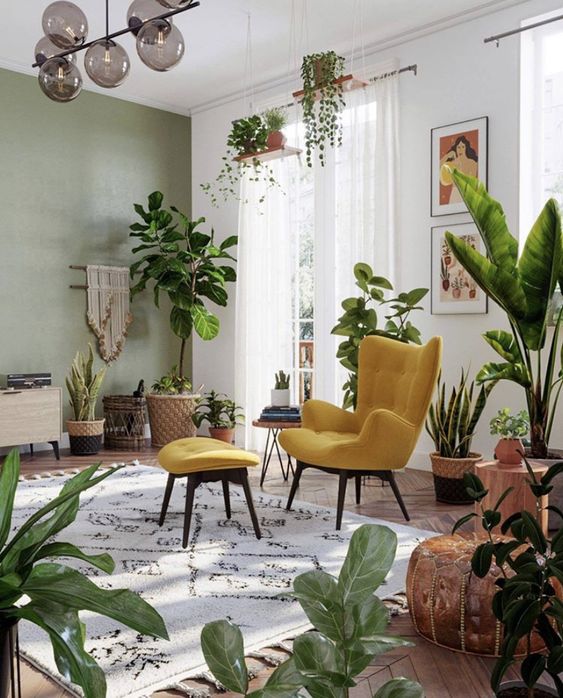 74 an inviting boho and modern living room with a green accent wall, a yellow chair and lots of potted plants everywhere