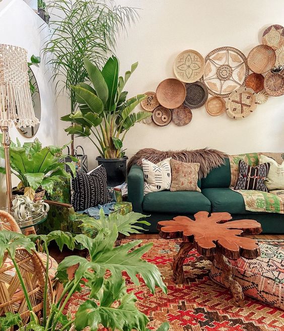 78 a bright boho living room with decorative baskets, pretty furniture and lots of potted plants to feel fresh