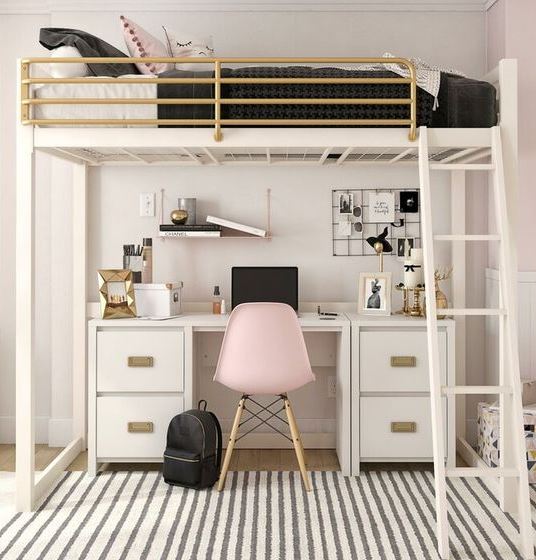 a small bedroom over a workspace is a quite space saving solution