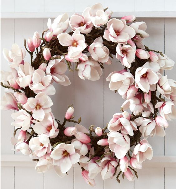 09 a faux cherry blossom wreath is a stylish and cool idea for spring, it will make your front door look romantic
