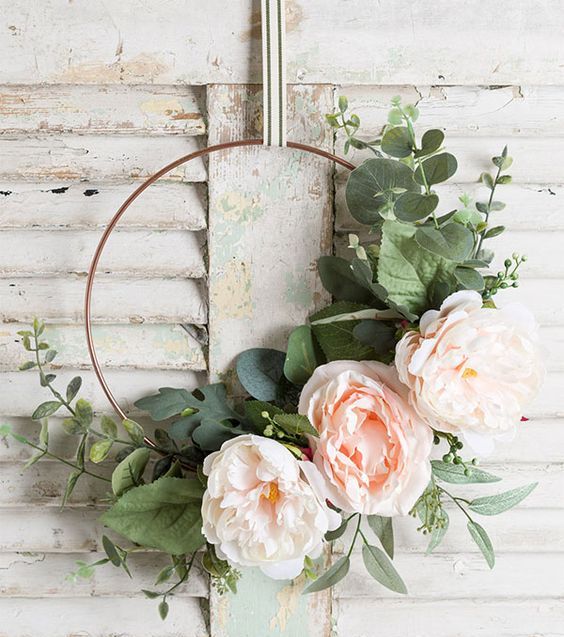 20 a modern hoop wreath with artificial foliage, large blooms is a lovely idea for spring, it’s easy to compose