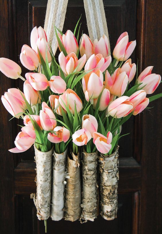 46 a creative front door decoration of birch vases and pink tulips is a beautiful alternative to a usual wreath