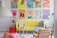 a colorful neon gallery wall with fun abstract and primitive posters will add a funky and bright touch to the space