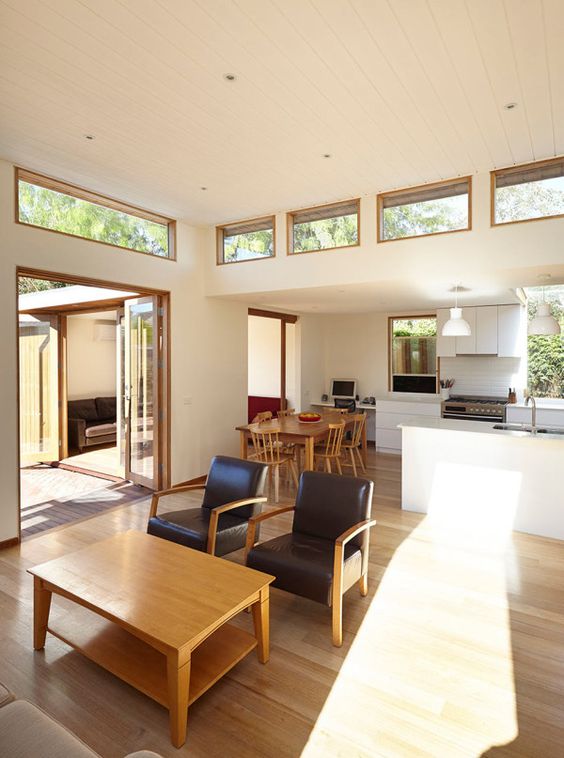 A mid century modern space with multiple windows and glass doors plus clerestory windows is chic and light filled