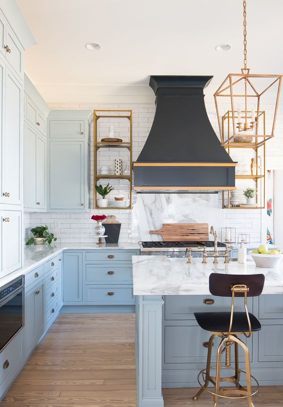 a cute farmhouse blue kitchen design