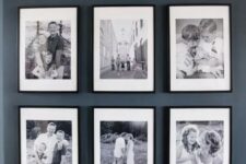 a stylish gallery wall with large black and white photos, white matting and black frames will be a nice idea for a farmhouse space