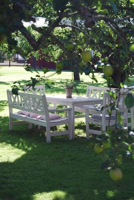 a very simple dining area with white garden furniture under the trees is a lovely space to be