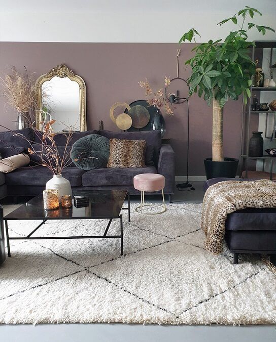 an eclectic living room with mauve walls, dark furniture, potted plants and grasses plus a mirror in a vintage gold frame