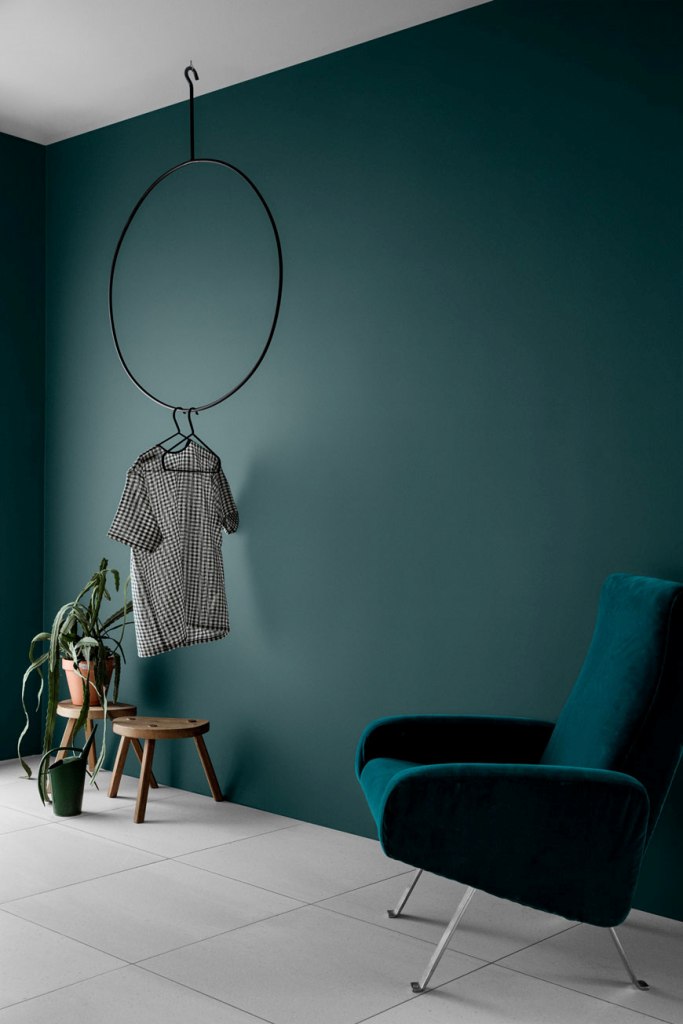 a minimalist room with teal walls, a matching teal chair, a hanger for clothes and potted greenery and succulents