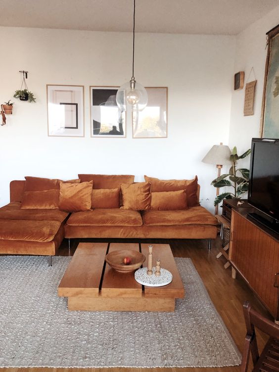 a refined modern living room with 70s vibs, a rust-colored IKEA sofa, wooden furniture and potted plants plus artworks