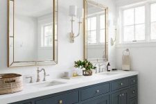 15 an elegant graphite grey farmhouse bathroom with a double sink and mirror, with a basket for storage