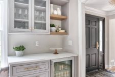 27 a light grey home bar done with kitchen cabinets, open shelves and a wine cooler is a lovely space for a farmhouse home