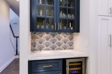 32 a tiny home bar done with a couple of navy kitchen cabinets and squeezed into a tiny awkward nook is lovely and has all the necessary stuff