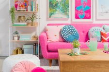 a cute living room with lots of cool color accents