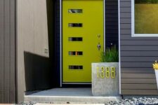 a mid-century modern neon green front door with glass pants and a concrete planter with a neon green house number for a modern home